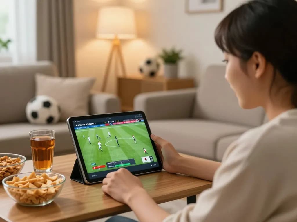 Watching trực tiếp bóng đá hôm nay on a tablet during an exciting football match at home