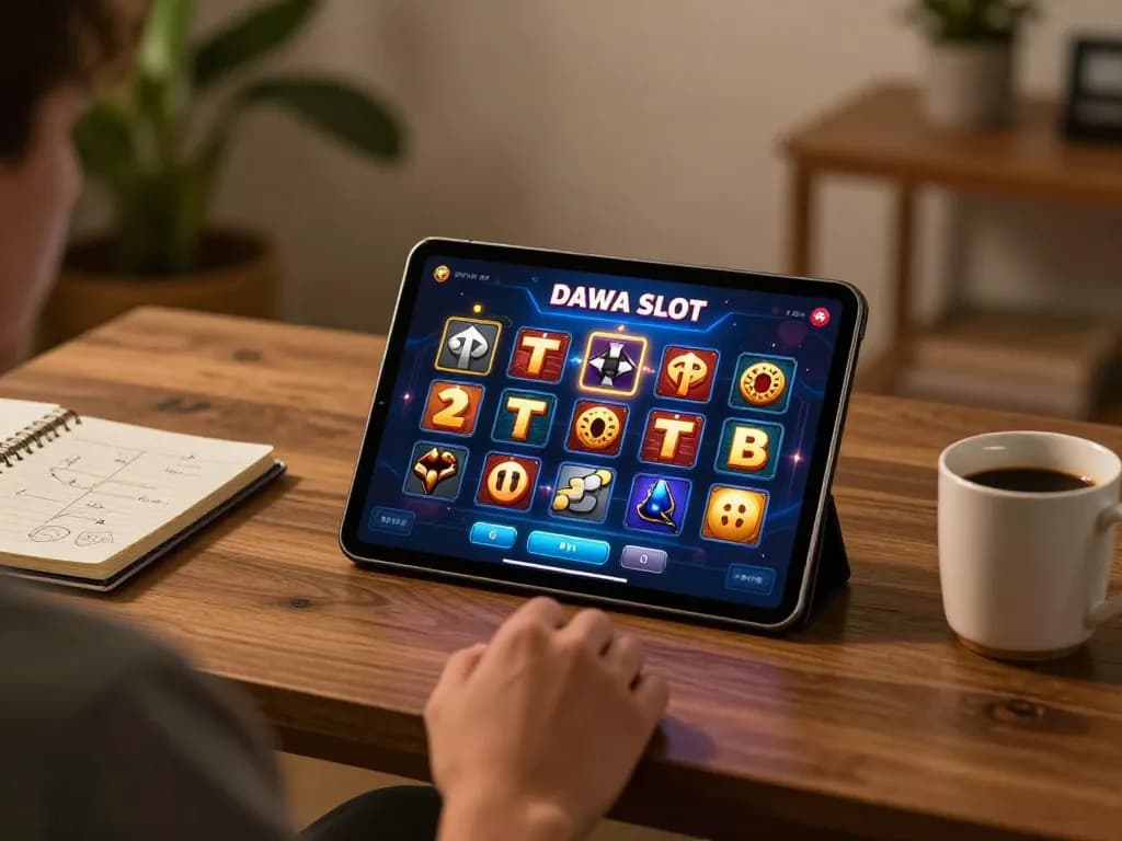 Engaging player using Dewa Slot on a tablet in cozy home setting with strategy notes.