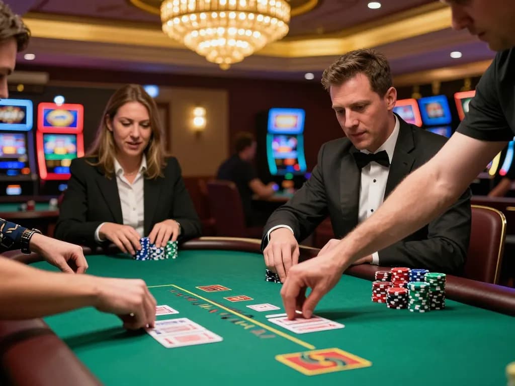 Play thrilling blackjack at https://kjc.events/, engaging players around a dealer in an upscale casino.