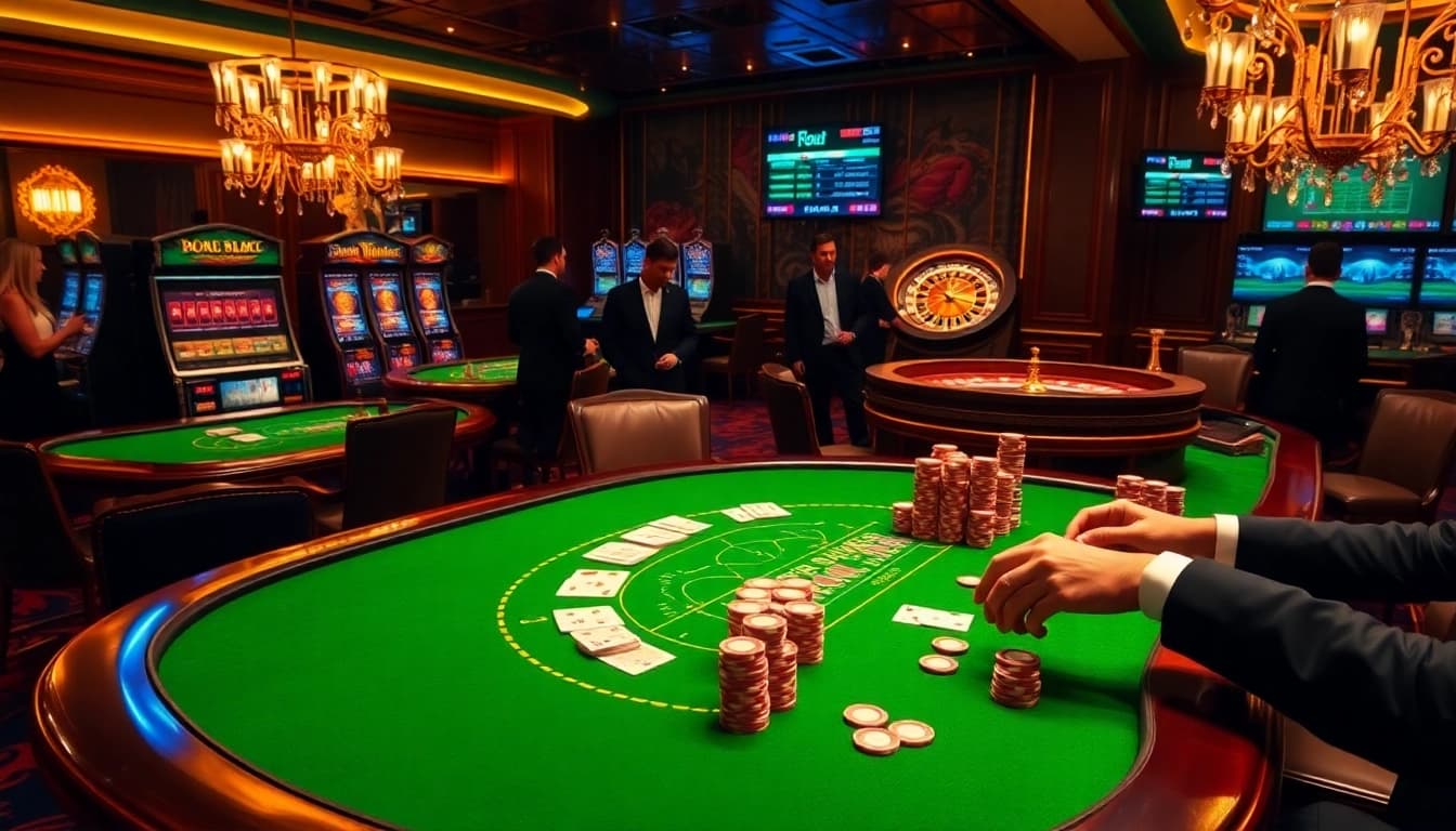 Experience F8bet's thrilling casino atmosphere with poker tables, vibrant chips, and live betting action.