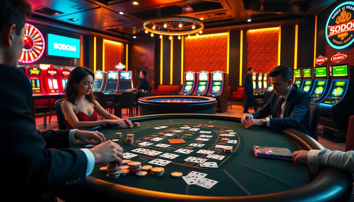 SODO66 players strategically placing bets at a luxurious poker table in an upscale casino.