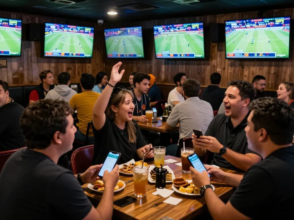 Patrons engaging in a lively discussion over kèo nhà cái updates in a vibrant sports betting scene.