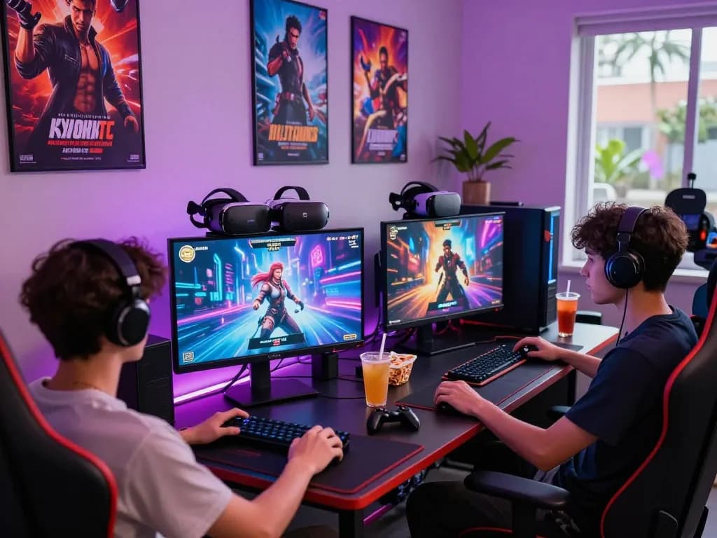 Engaging gaming room scene featuring young players immersed in porngames with vibrant graphics and modern decor.