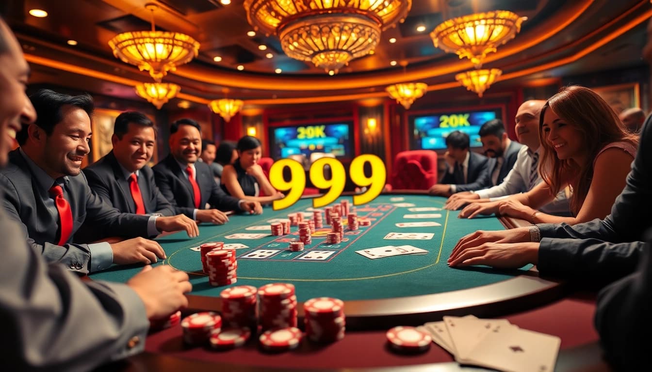 Players enthusiastically engage at a vibrant 99ok themed casino table, surrounded by poker chips and cards.