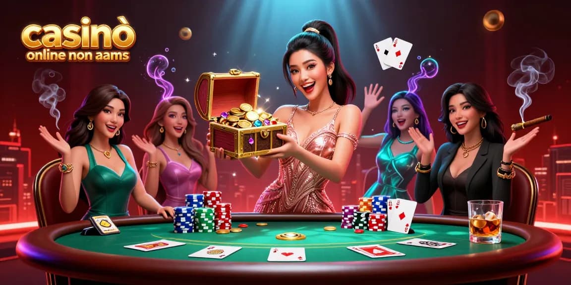 Gioca a giochi emozionanti nei casinò online non aams con una splendida donna asiatica che mostra tesori in una vivace scena di casinò.
