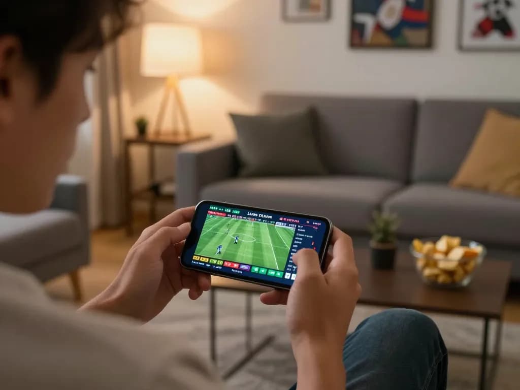 Engaging in sports betting on a smartphone at home while using pg88 for optimal odds.