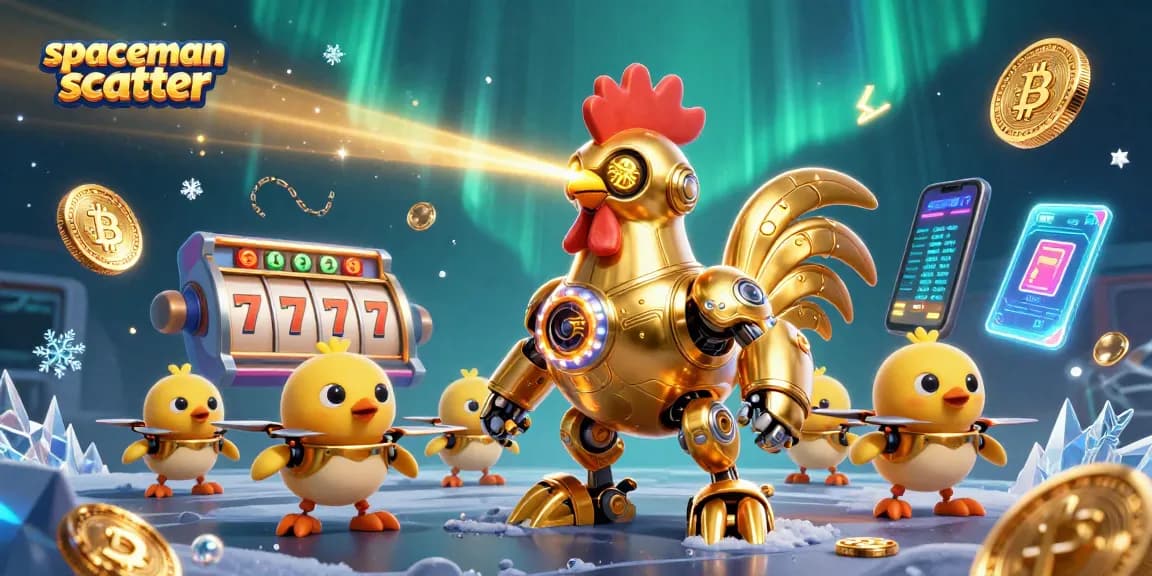 Experience the thrill of spaceman scatter in this vibrant online casino illustration with a golden robot and crypto elements.