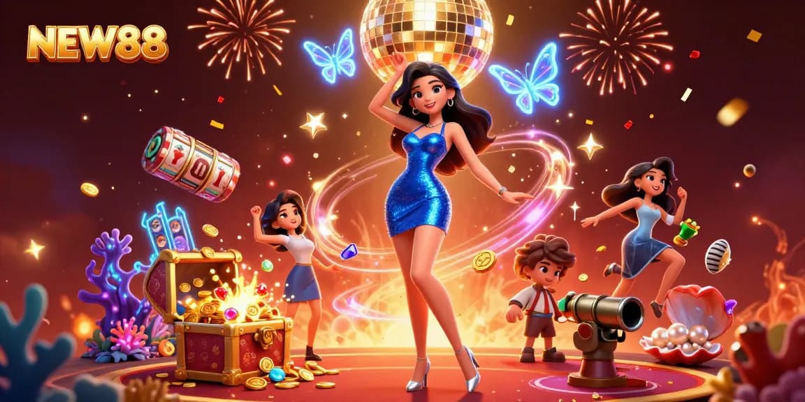 Experience the allure of NEW88 with vibrant casino excitement, featuring a glamorous woman dancing amidst gold and neon lights.