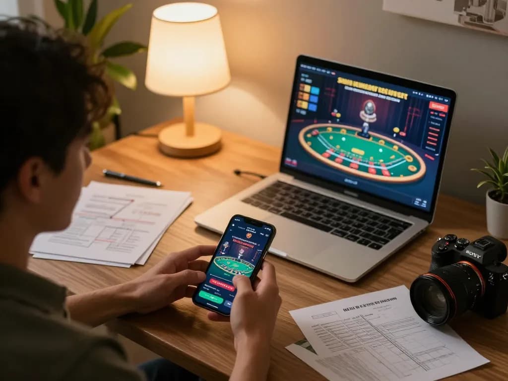 Player using an online casino app on smartphone at home, hoorayblog inspires responsible gaming practices.