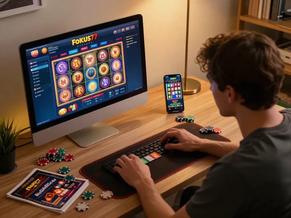 Engaging online gaming session using Fokus77 with vibrant graphics on a computer and smartphone.