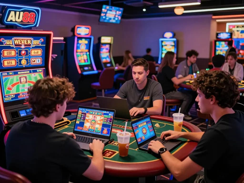 Engaging gaming scene at AU88 online platform showing players enjoying live dealer games, sports betting, and vibrant casino atmosphere.