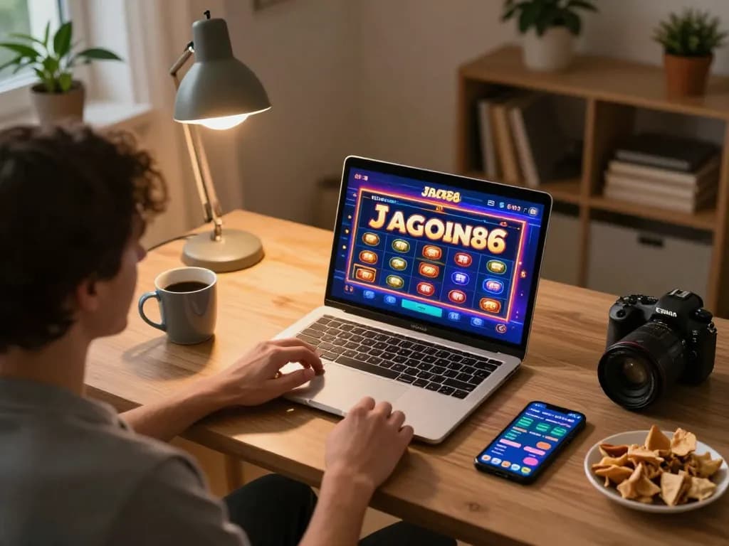 Engaging online gambling moment with jagoan86 winning slots displayed on laptop in a cozy home setting