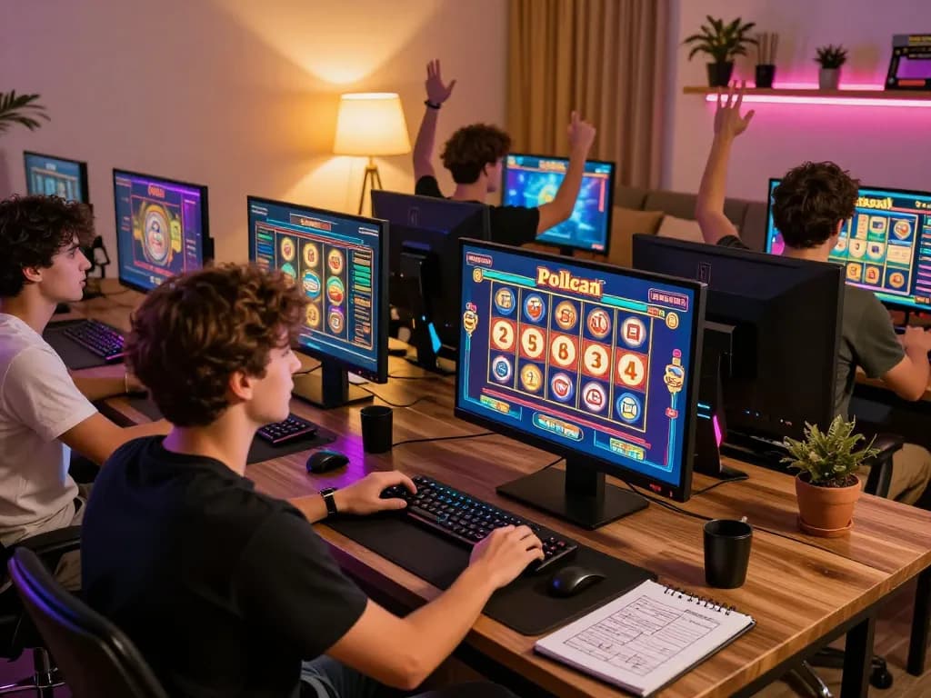 Players celebrating a win on slot pulsa at a vibrant online casino, showcasing dynamic gameplay.