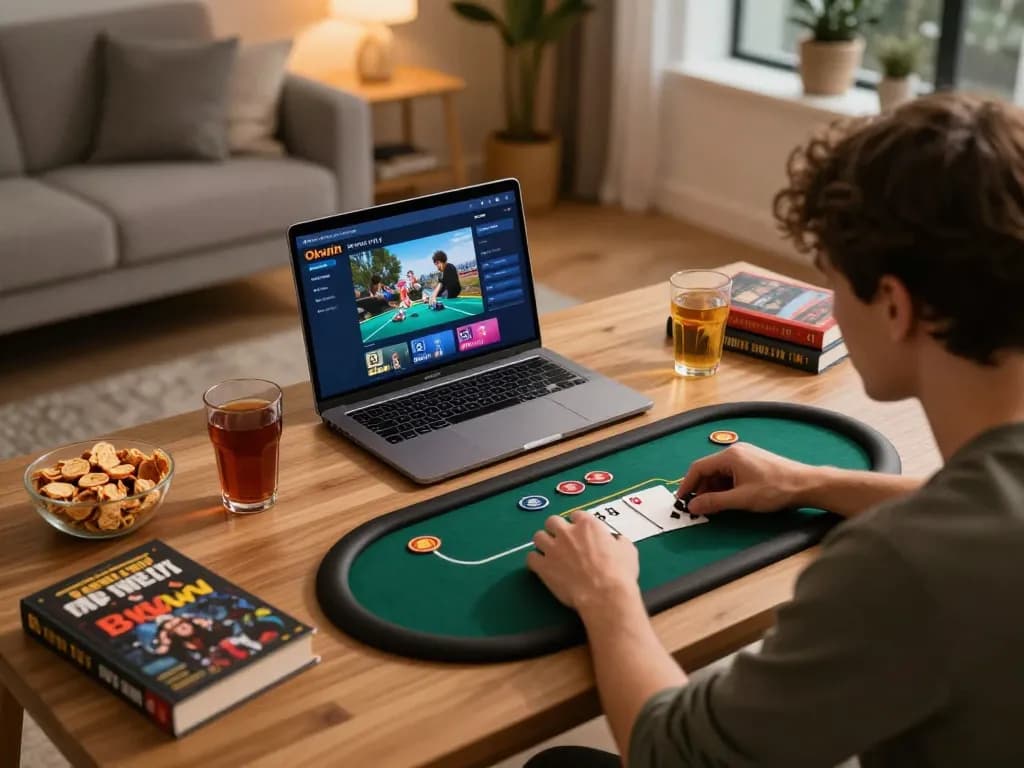 Engaged player using Okwin tv for online poker in a cozy gaming corner with strategy books.