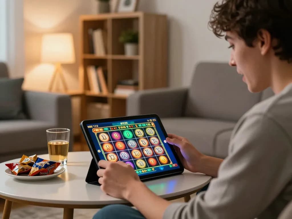 Pemain menikmati permainan slot langsung di tablet mereka dengan aman788, menampilkan pengalaman perjudian online yang menarik di ruang tamu yang nyaman.