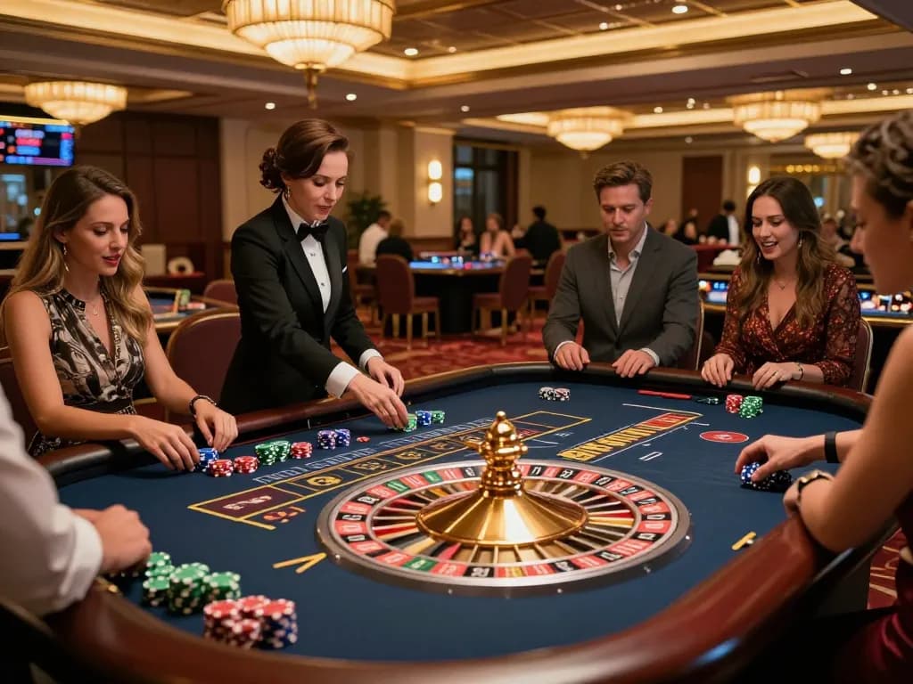 FC88 engages players at a roulette table, showcasing vibrant chips and excitement in a sleek casino.