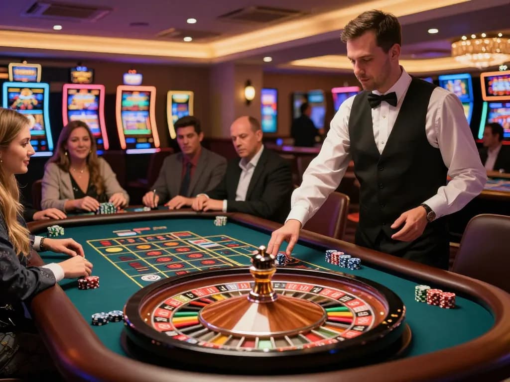 Players engaging in thrilling roulette gameplay at mm88 casino, with vibrant chips and strategic bets placed on the table.