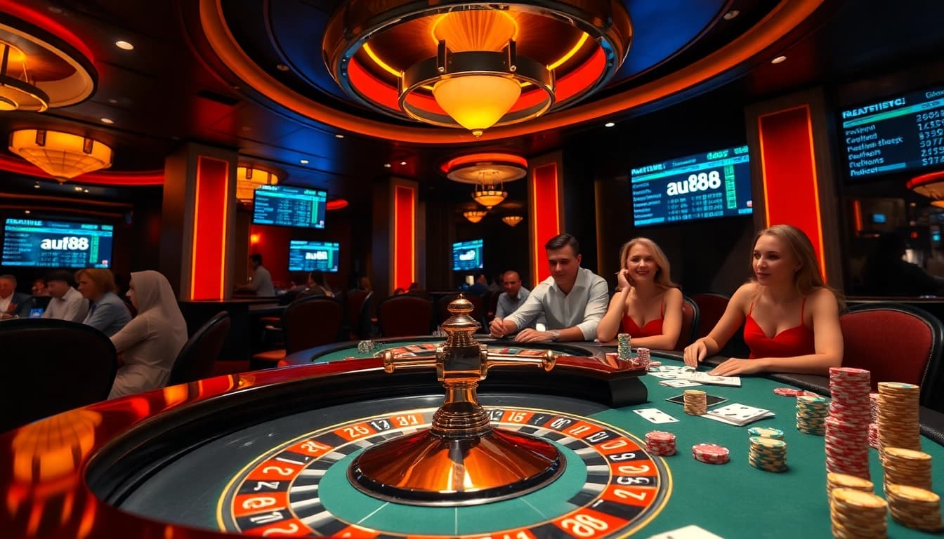 Players enjoying a thrilling game of roulette at au88 casino with vibrant chips and cards.