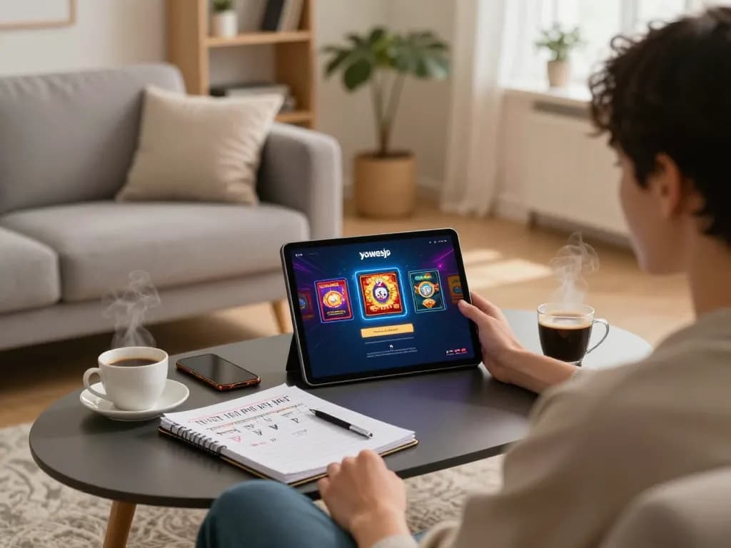 Login to yowesjp on tablet during cozy home gaming session with strategic notes.