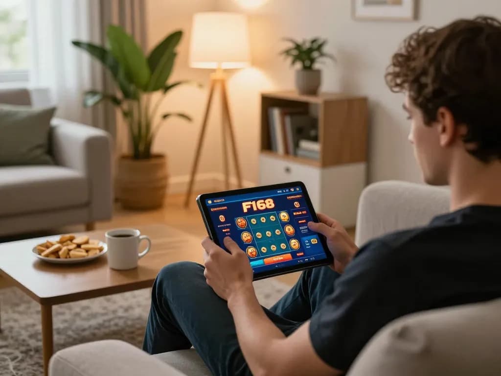 Person playing the F168 casino app on a tablet in a cozy home setting, engaging in online gaming.