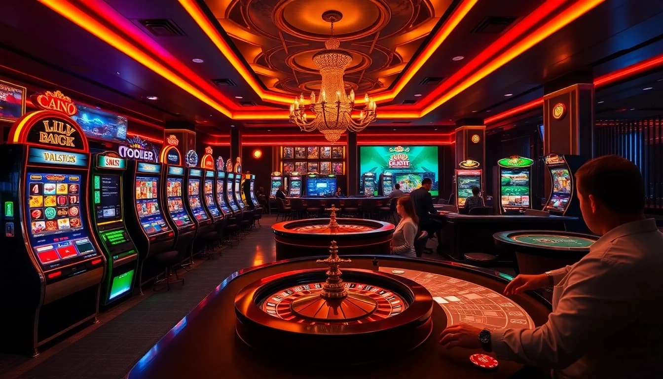 No hu players enjoying thrilling online slots and table games at a luxurious casino.