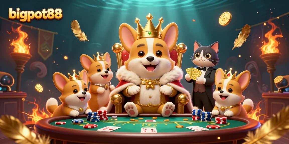 Experience bigpot88 with a royal corgi on a poker throne amidst golden coins and game elements.