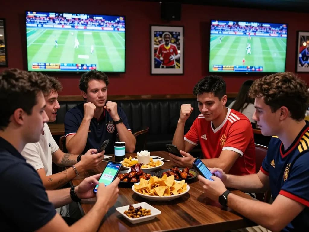 SBOBET sports betting experience in a lively lounge with friends enjoying a live game.