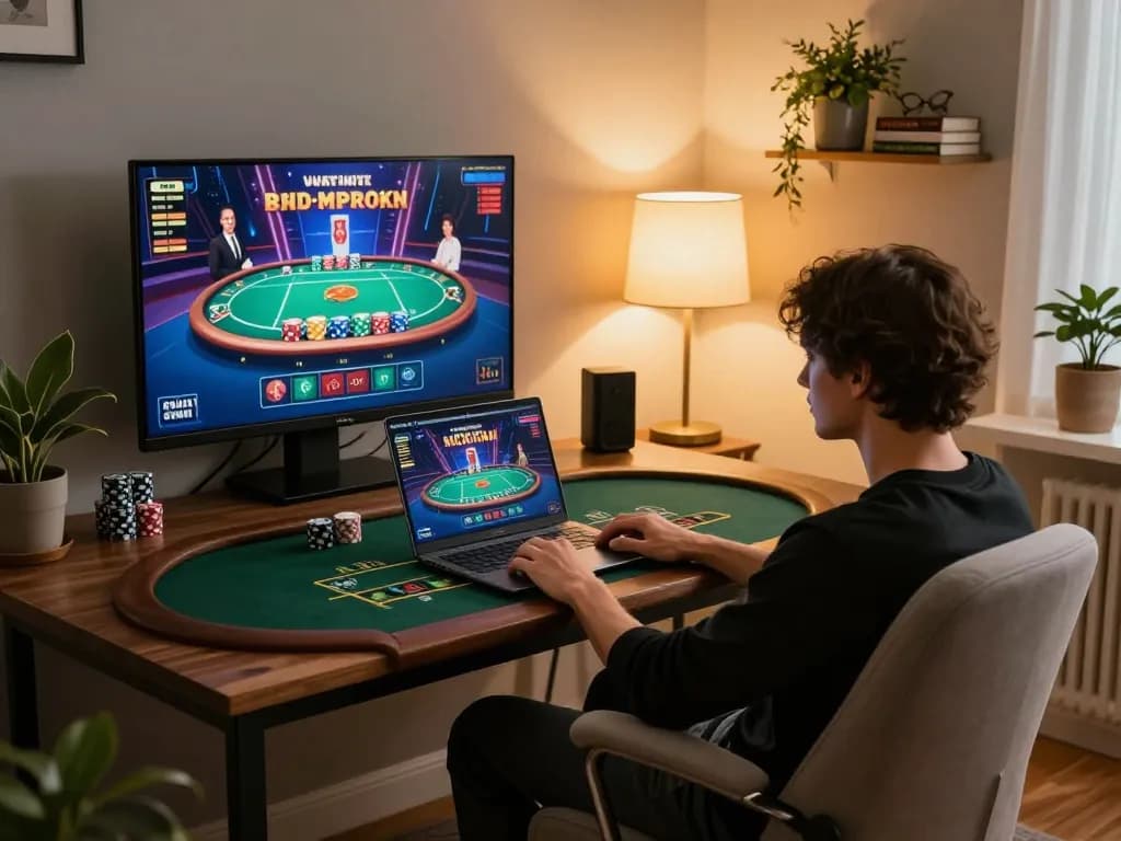 Player engaged in blackjack while accessing link vào shbet on a laptop, highlighting immersive online casino experience.