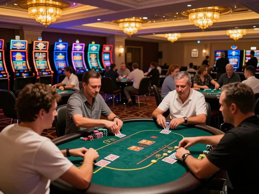 Kuwin 789 players enjoying poker strategies at a vibrant casino floor with engaging gameplay.