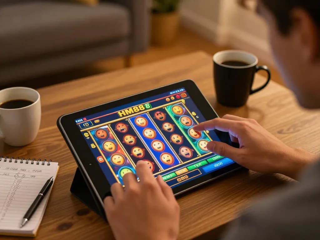 Player enjoying exciting slot game on HM88 platform while managing bankroll in cozy home setting