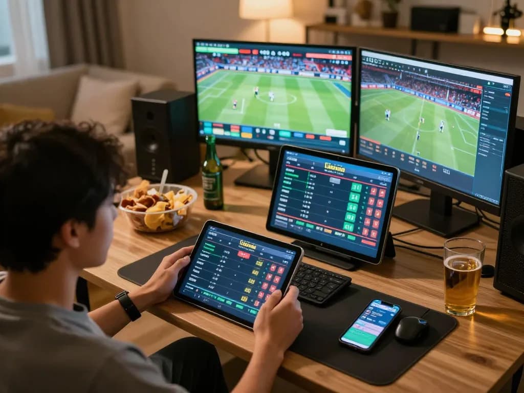 F8BET user engaged in live sports betting using tablet and smartphone in a cozy home setting
