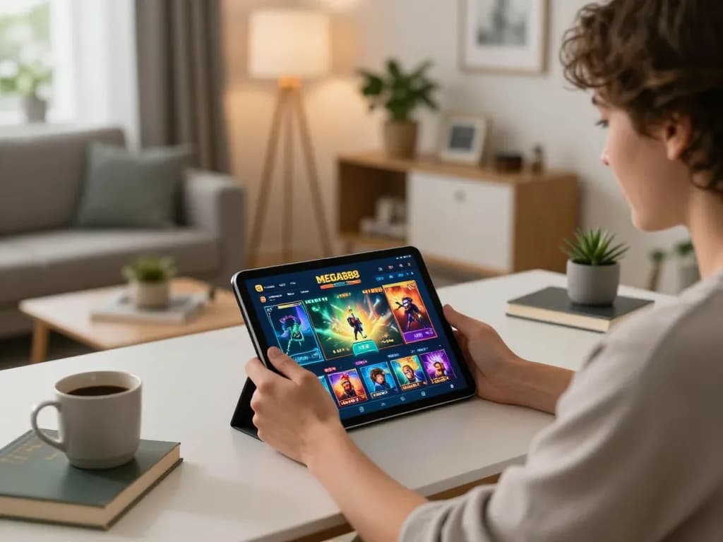 Engaging with the mega888 app at home while enjoying a cozy gaming experience.