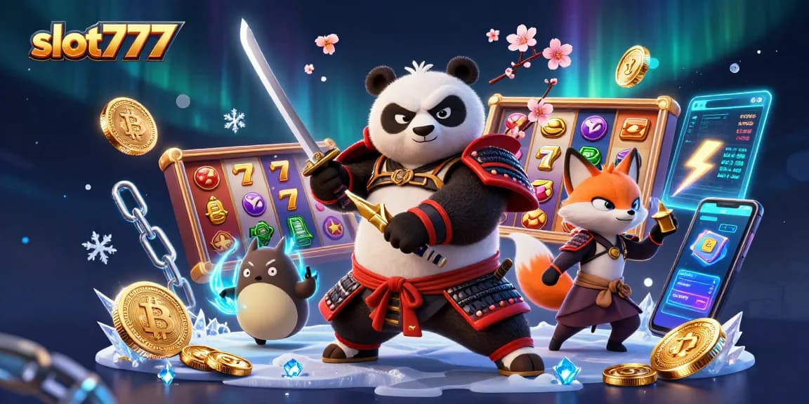 Engage with slot777 and experience thrilling spins amidst vibrant 3D casino elements featuring samurai panda.