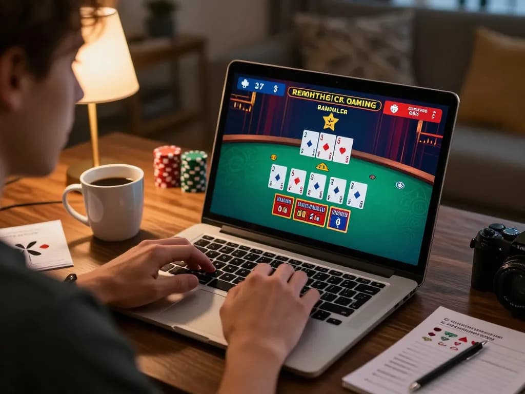 Tether gambling session featuring a player engaged in online blackjack from home with strategy notes visible.