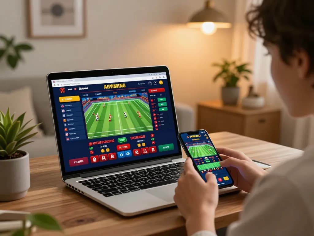 Engaging in online sports betting with MMOO in a stylish home setting, smartphone and laptop visible