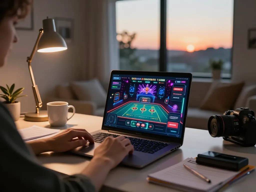 Engaging in online casino gaming at home with MM 99 on laptop, showcasing a safe gaming environment
