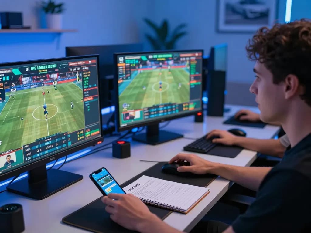 Engaging in live sports betting with TR88 on multiple screens, featuring modern tech atmosphere.