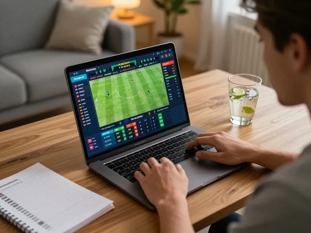 pemain sada-ar terlibat dalam taruhan olahraga langsung di laptop dengan odds waktu nyata yang ditampilkan