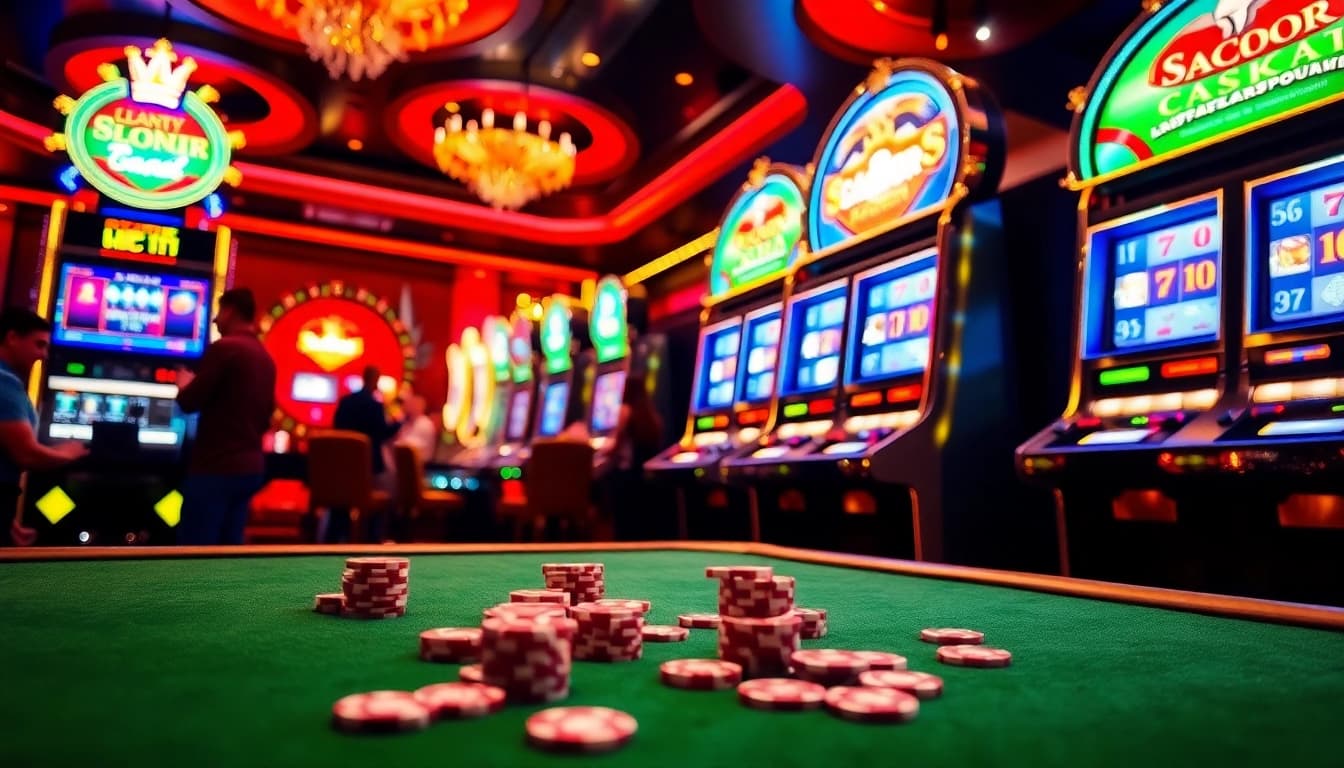 Exciting players interacting with slot gacor machines in a luxurious casino setting.