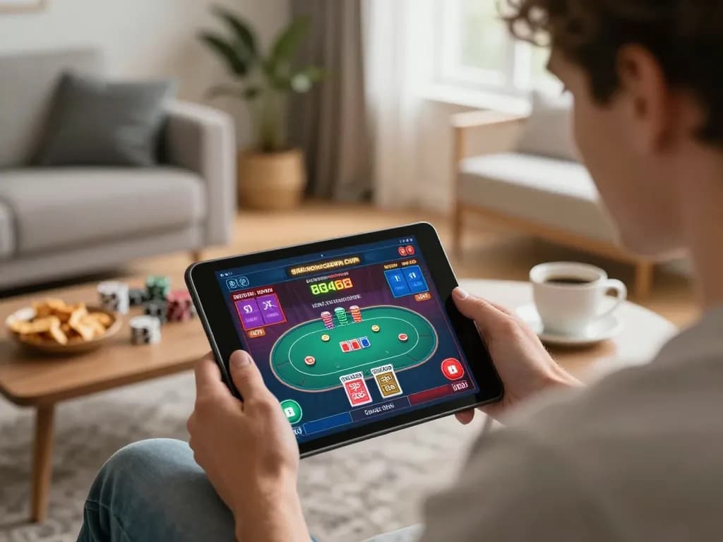 Engaged player enjoying poker on tablet at 888newcasino com in a cozy atmosphere, reflecting home gaming.