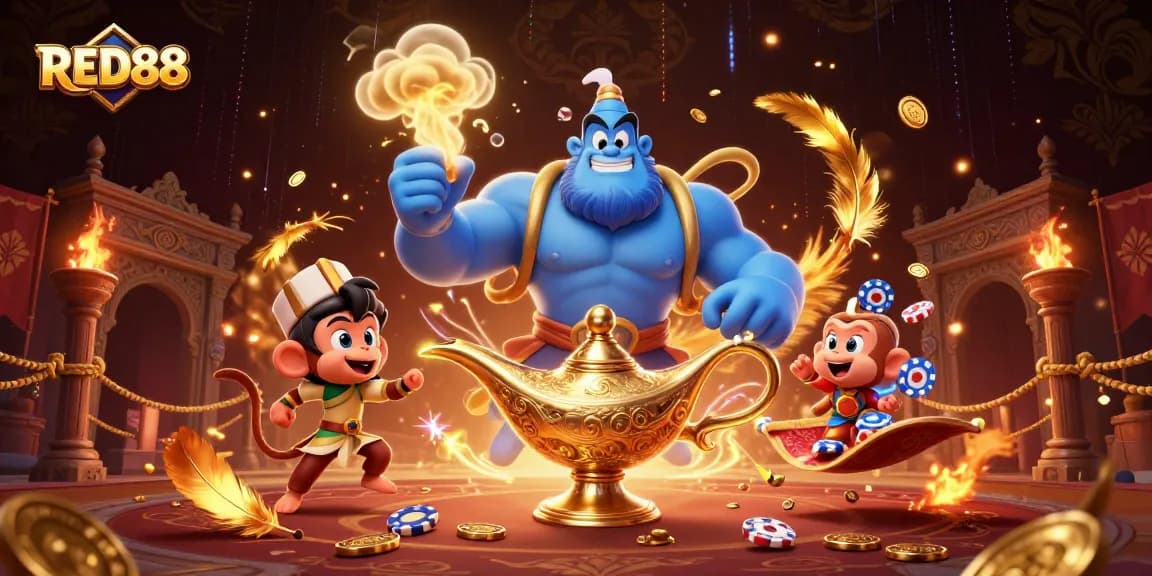 Experience the excitement of RED88 with a vibrant 3D genie magically bringing poker chips and fun!