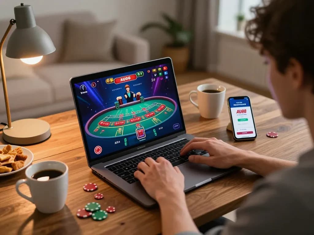 Player enjoying the AU88 online casino experience with exciting blackjack gameplay and cozy home setup.