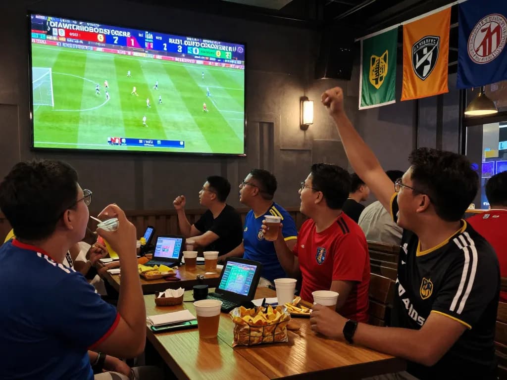 Nowgoal live score tracking in a vibrant sports bar with fans celebrating