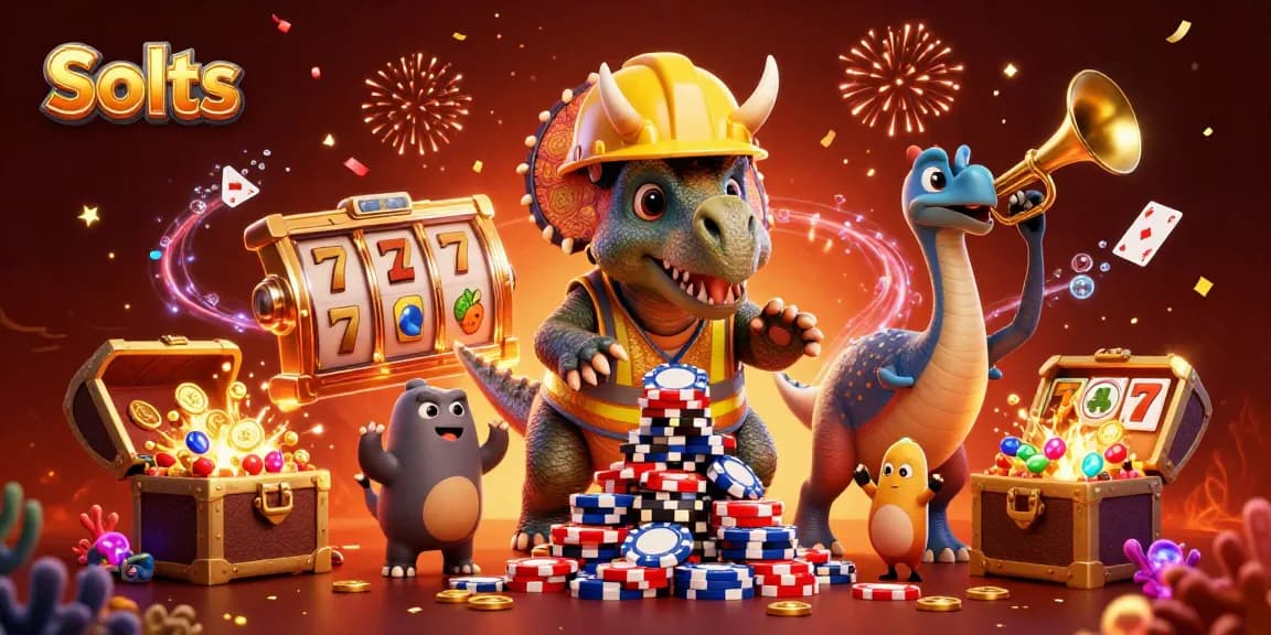 Engaging scene with cartoon triceratops and slots elements celebrating in vibrant colors.