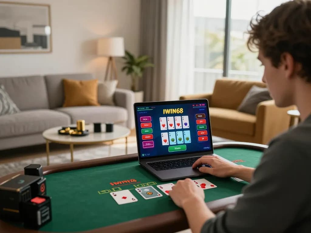 IWIN68 player strategizing during an online blackjack game at home with laptop
