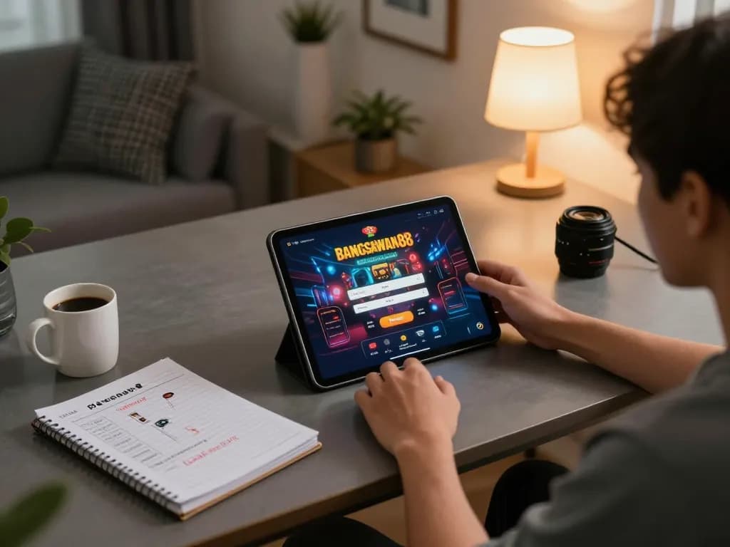 Engaging moment of a player at home using the bangsawan88 login on their tablet while focusing on online gaming strategy.