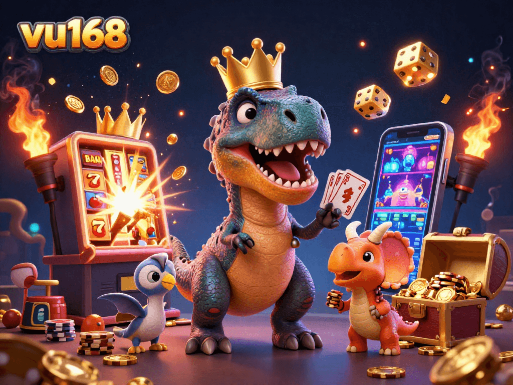Bettors explore the exciting world of vu168, featuring a playful T-Rex shuffling cards amidst casino treasures.