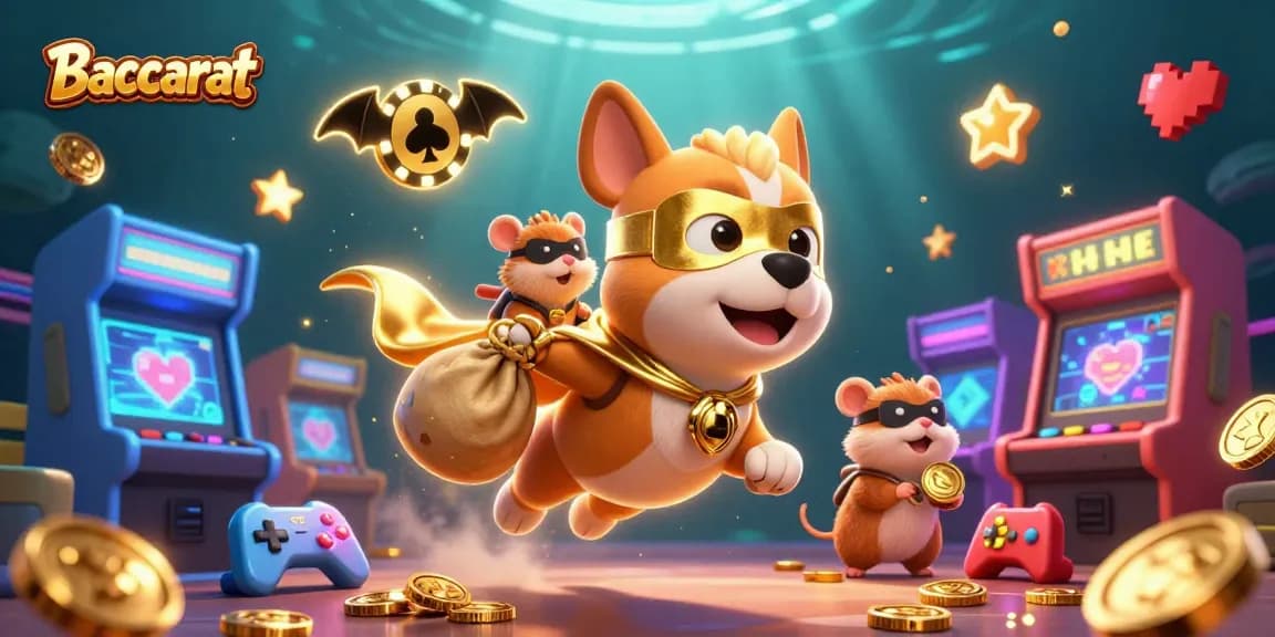 Baccarat game illustration with a superhero dog, floating poker chips, and vibrant casino elements.