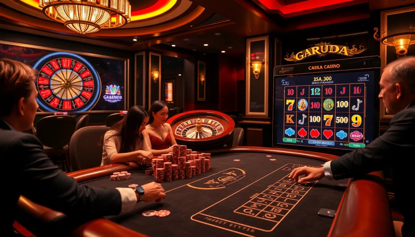 Winning excitement at a garuda slot table in a luxurious casino setting.