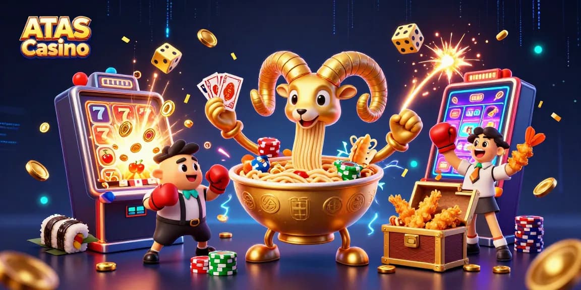 ATAS Casino showcases a vibrant 3D illustration featuring a giant ramen bowl character surrounded by dynamic gaming elements.